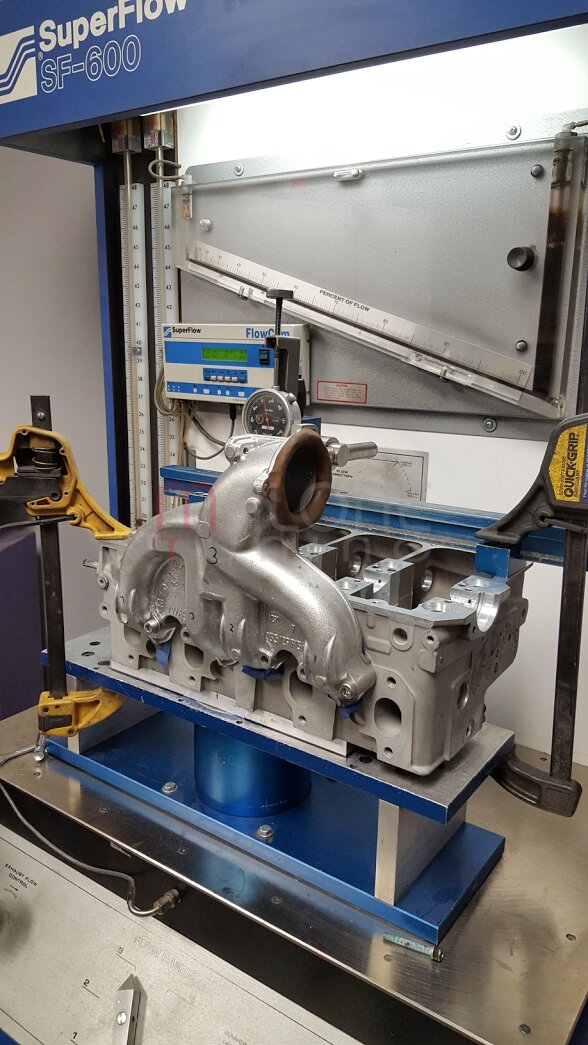 Close-up of a 1.9L TDI intake manifold on the SuperFlow SF-600 flow bench